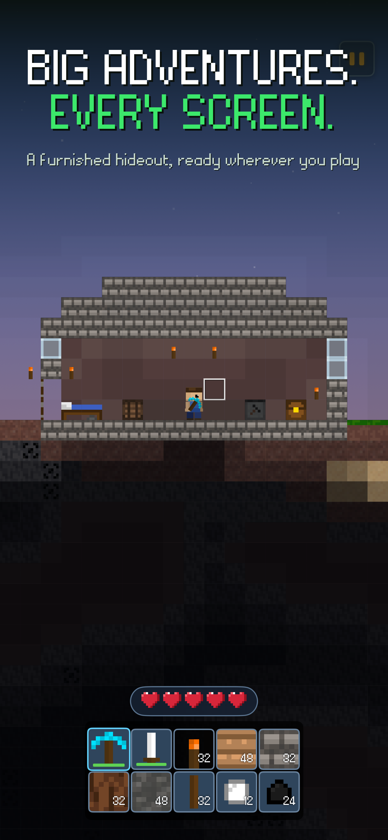 WatchBlocks furnished stone house and player on iPhone