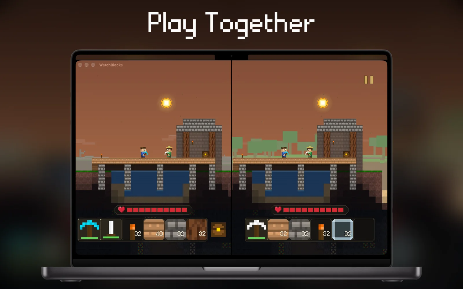 WatchBlocks on Mac: two players building together in split screen