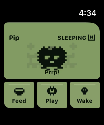 WatchPals pet Pip sleeping, with Feed, Play, and Wake buttons